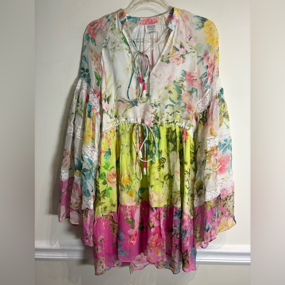 Hemant & Nandita Jolie Floral Tunic Mini Dress Lace Trim Bell Sleeve - XS - Picture 6 of 10